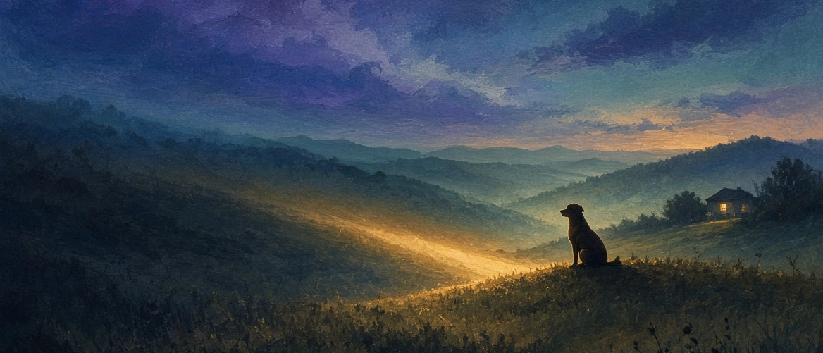 An amber beam crossing a cobalt dusk scene toward a quiet pet silhouette and warm window light