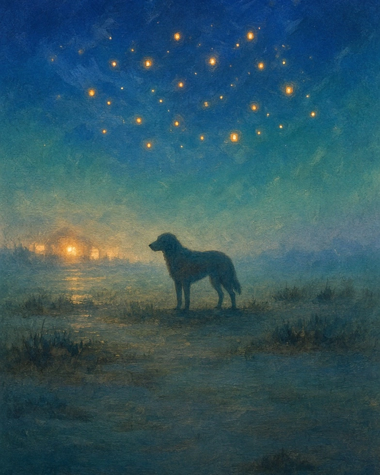 An abstract volunteer-light constellation around a calm pet silhouette