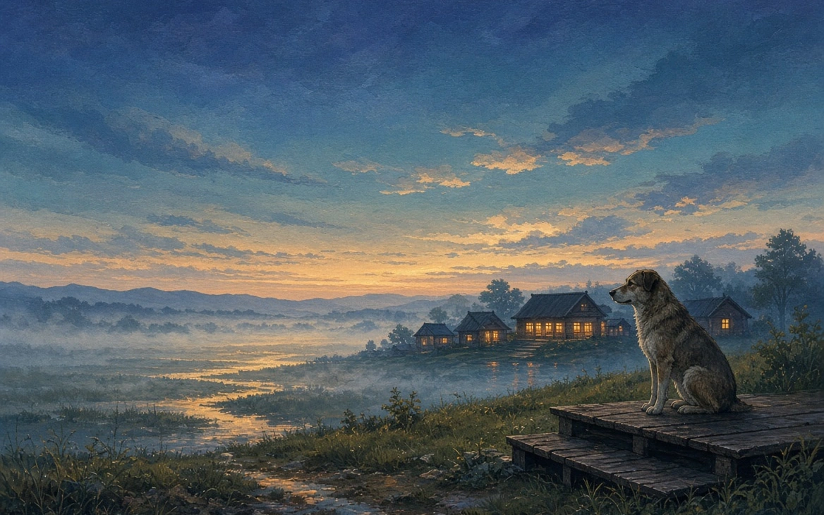 A fictional post-disaster dawn landscape with quiet community and companion-animal light motifs