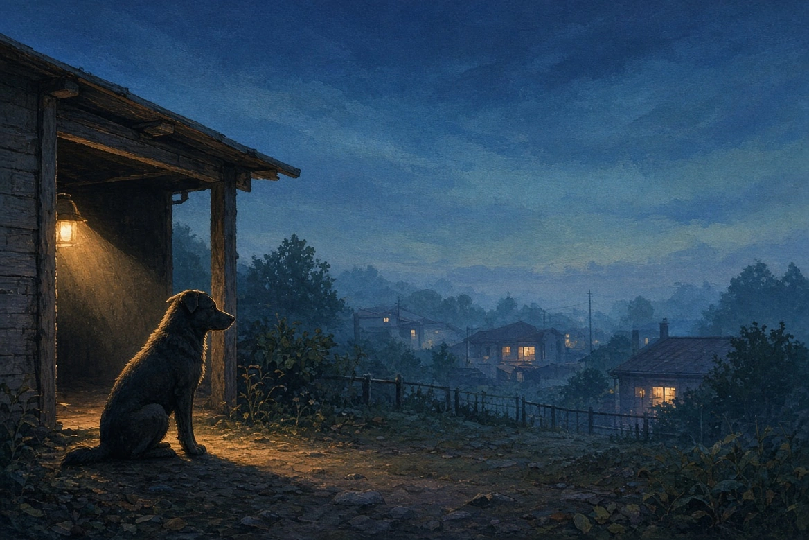 A respectful focus beam revealing distance, shelter, and context around a pet silhouette