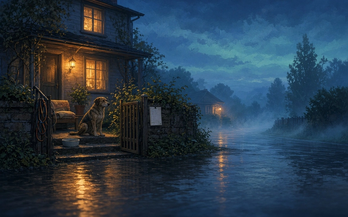 A cinematic fictional lost-pet practice frame at blue hour