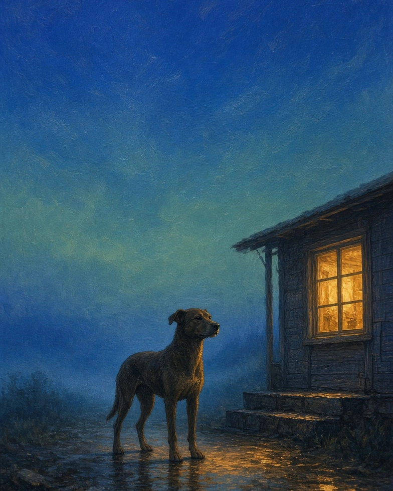 A painterly study of posture, distance, shelter edge, and changing light