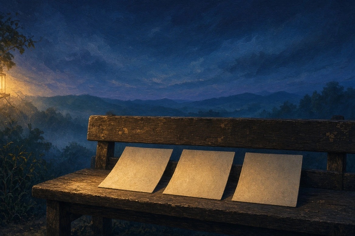 Three blank illuminated frames resting on a dark cinematic response bench