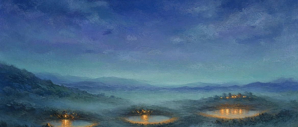 Three pools of amber light tracing one continuous route across a cobalt panorama