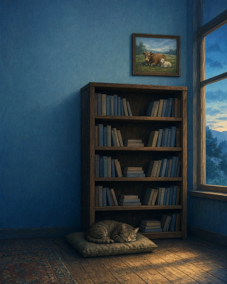 A calm illustrated reading bay with unmarked animal-welfare source volumes