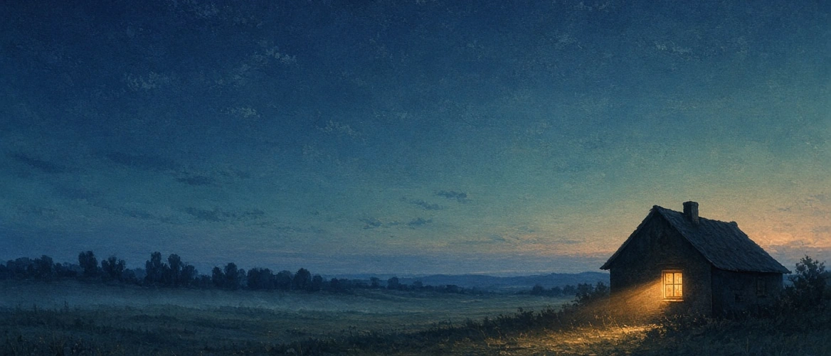 A quiet pre-dawn horizon with an amber beam returning toward warm window light