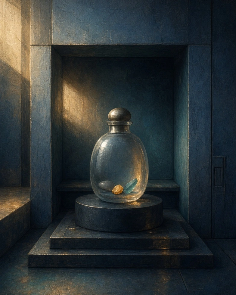 A small sealed vessel holding three abstract practice tokens inside a dark reading bay