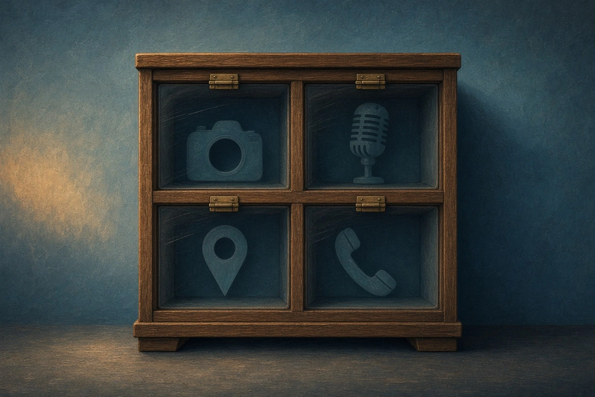 A calm cabinet whose camera, microphone, location, and contact-shaped niches remain closed and empty