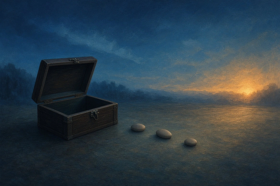 A local vessel opening and becoming visibly empty as three abstract tokens dissolve