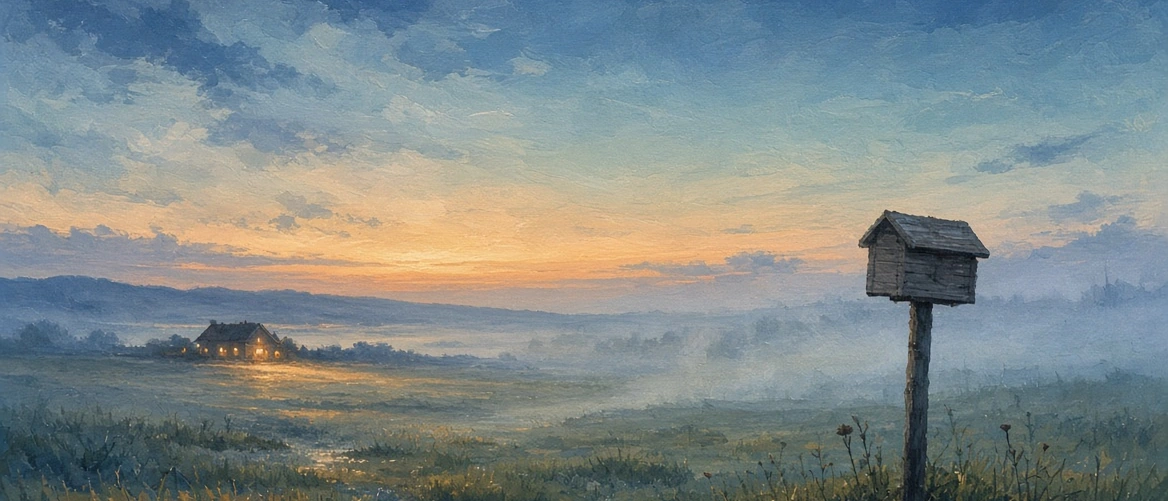 An open dawn horizon leading toward a blank correspondence marker